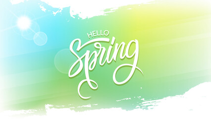 Spring season  blurred background with bright sun, hand lettering and brush strokes for your springtime graphic design.  Vector illustration. - obrazy, fototapety, plakaty