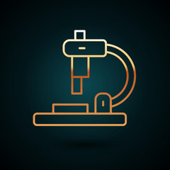 Gold line Microscope icon isolated on dark blue background. Chemistry, pharmaceutical instrument, microbiology magnifying tool. Vector