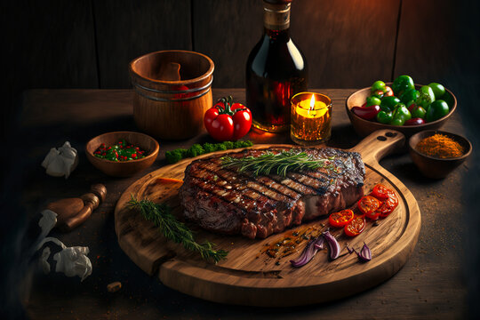 Tasty juicy steak served on a chopping wooden board with ingredients and spices scattered around it
