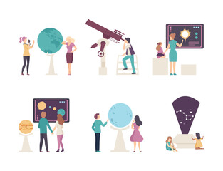 Exhibition visitors having excursion at planetarium. People looking at celestial space objects, planets and stars of Solar system cartoon vector illustration