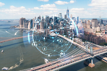 Fototapeta na wymiar Aerial panoramic city view of Lower Manhattan. Brooklyn and Manhattan bridges over East River, New York, USA. Social media hologram. Concept of networking and establishing new people connections