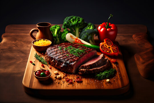 Tasty juicy steak served on a chopping wooden board with ingredients and spices scattered around it