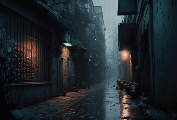 Ghost alley. Dim lights. Cold and foggy. Misty street