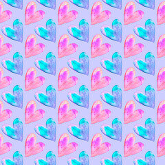 Fototapeta na wymiar Seamless pattern with watercolor pink blue hearts. Romantic love hand drawn backgrounds texture. For greeting cards, wrapping paper, wedding, birthday, fabric, textile, Valentines Day, easter