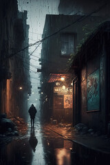 Fototapeta na wymiar Mysterious man walking down a dark alley.