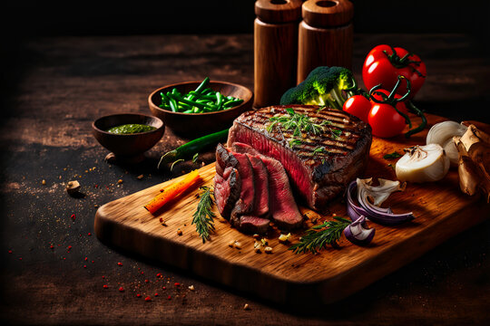 Tasty juicy steak served on a chopping wooden board with ingredients and spices scattered around it