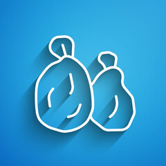 White line Garbage bag icon isolated on blue background. Long shadow. Vector