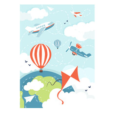 Airplanes and air balloons and flaying sky over the earth. Hand drawn vector illustration with aviation theme
