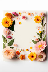 Top-view floral background photo with plenty of copy space, perfect for website backgrounds, social media posts, advertising, packaging, etc. Vibrant flowers, lush greenery, shallow depth of field.
