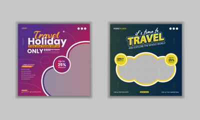 Travel agency social media post template , traveling business promotion instagram and facebook square we banner layout, holiday vacation post vector templste ,travel ads online flyer design