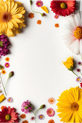 Top-view floral background photo with plenty of copy space, perfect for website backgrounds, social media posts, advertising, packaging, etc. Vibrant flowers, lush greenery, shallow depth of field.