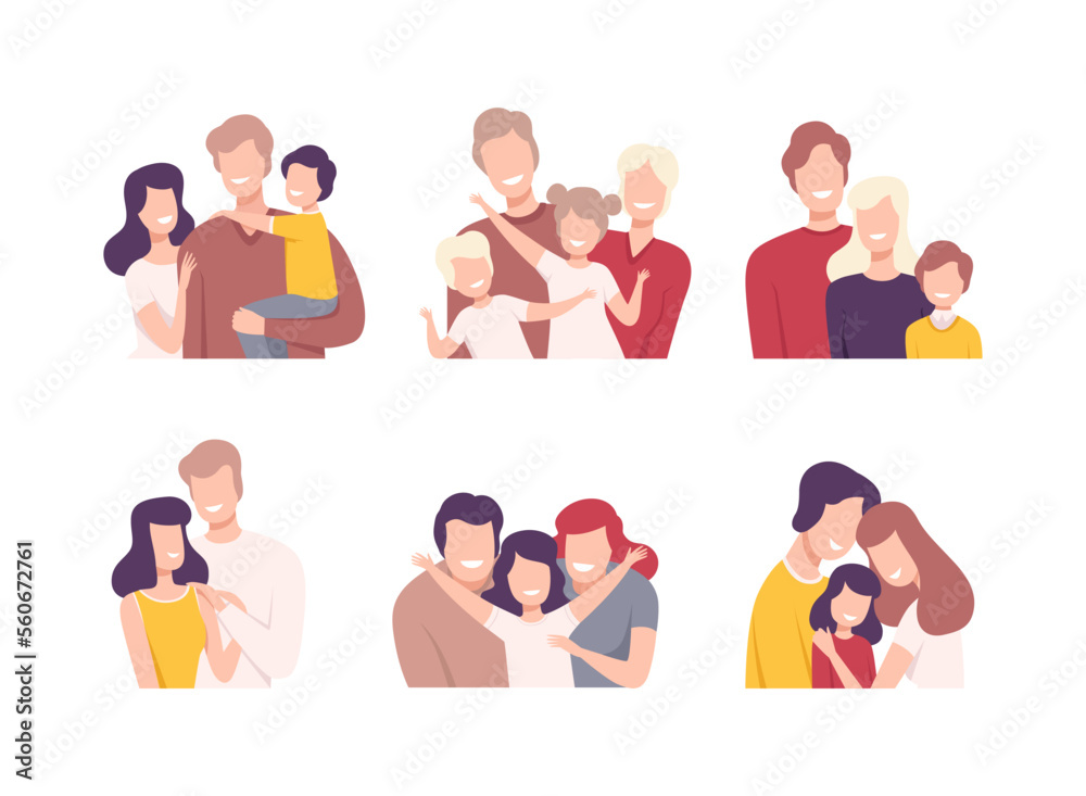 Sticker portraits of happy families set. smiling mom, dad and kids hugging and having fun together flat vect