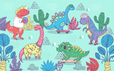 Dinos with fan activities - skating, rolling and playing with ball. Prehistoric theme scene for wallpaper, blanket, pad. Hand drawn outline vector illustrations
