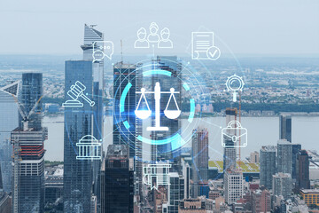 Fototapeta na wymiar Aerial panoramic city view of West Side Manhattan and Hudson Yards district at day time, NYC, USA. Glowing hologram legal icons. The concept of law, order, regulations and digital justice