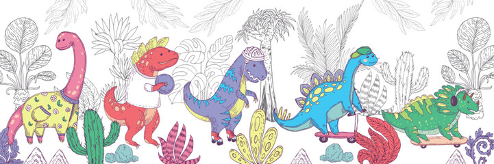 Funny dinos activities - skating, rolling, playing ball in prehistoric jungles. Vector hand drawn illustrations for wallpapers, wall murals  © Hanna Symonovych