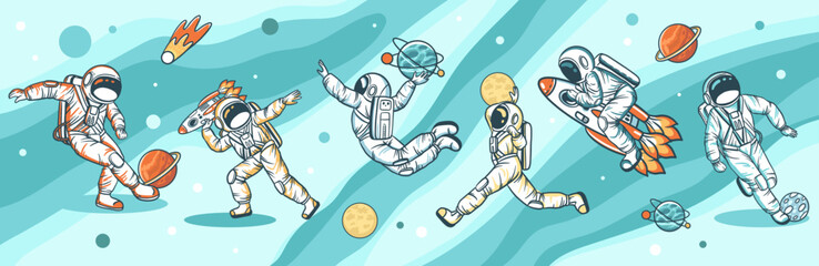 Sport activities with astronauts. Football, basketball. Kid nursery mural wallpaper. Vector hand drawn illustrations with space theme

