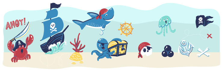Underwater treasures. Kid nursery mural wallpaper. Vector hand drawn illustrations with pirate theme
