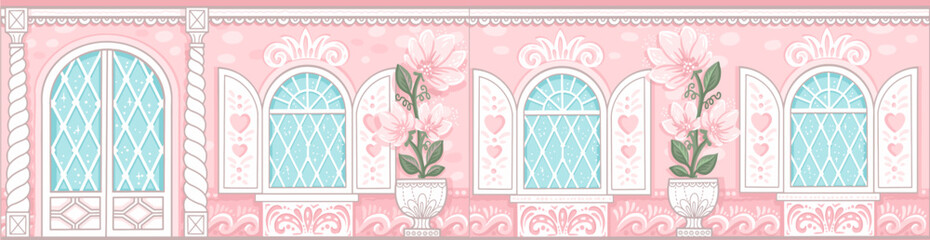 Princess house. Kid nursery mural wallpaper. Vector hand drawn illustrations  © Hanna Symonovych