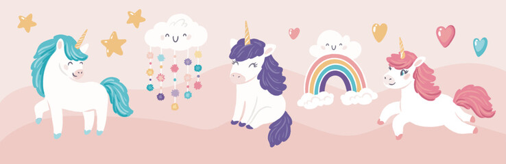 Cute unicorns with clouds and rainbow. Kid nursery mural wallpaper. Vector hand drawn illustrations
