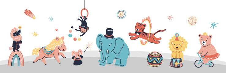 Animals in circus. Kid nursery mural wallpaper. Vector hand drawn illustrations
