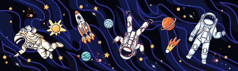 Astronauts in open space. Kid nursery mural wallpaper. Vector hand drawn illustrations
