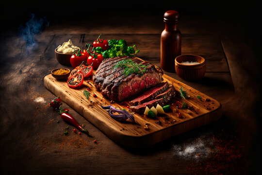 Tasty juicy steak served on a chopping wooden board with ingredients and spices scattered around it