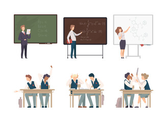 Students sitting in class with teachers teaching at blackboard. Teenage students in uniform sitting at desks, teacher explain math and physics flat vector illustration