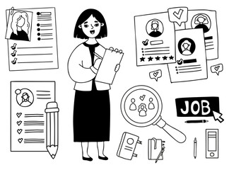 Collection business and job. Business woman selects resumes, questionnaires, considers job applicants, documents and stationery. Vector outline drawing. isolated doodle
