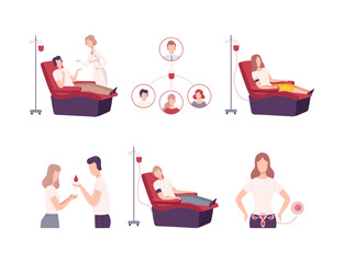 Donation of blood and eggs. Volunteers sitting in medical hospital chairs donating blood set cartoon vector illustration