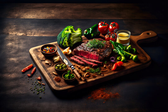 Tasty juicy steak served on a chopping wooden board with ingredients and spices scattered around it