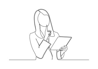 businesswoman in continuous line art drawing style. smiling and holding digital tablet, standing isolated on white background. Vector illustration