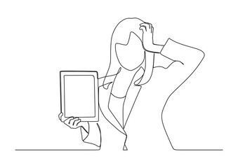 businesswoman in continuous line art drawing style. smiling and holding digital tablet, standing isolated on white background. Vector illustration