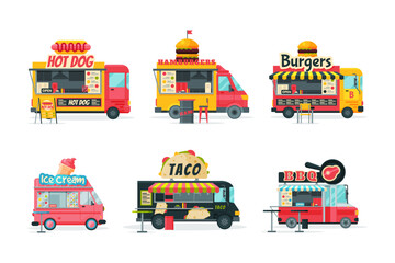 Street food trucks set. Hot dog, hamburger, bbq, taco, ice cream van cars cartoon vector illustration