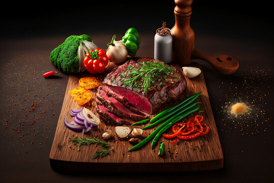 Tasty juicy steak served on a chopping wooden board with ingredients and spices scattered around it