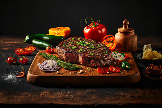Tasty juicy steak served on a chopping wooden board with ingredients and spices scattered around it