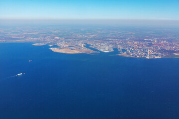 Aerial view of Swedish coast from Malmo . Flight over Baltic Sea and Sweden 
