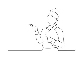 businesswoman in continuous line art drawing style. smiling and holding digital tablet, standing isolated on white background. Vector illustration