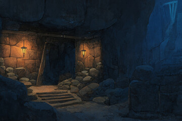 アニメ映画風のダンジョン系背景のイラスト(AI generated image)