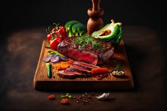 Tasty juicy steak served on a chopping wooden board with ingredients and spices scattered around it