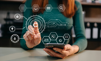 Copyright or patent concept, Person hand using laptop computer, tablet and smartphone with virtual screen copyright icon trademark, Creation ownership against piracy.