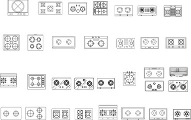 collection of sketch vector illustrations of stoves in the kitchen top view