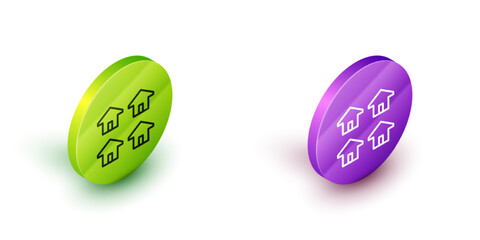 Isometric line House icon isolated on white background. Real estate agency or cottage town elite class. Green and purple circle buttons. Vector