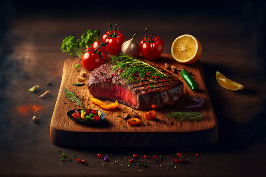 Tasty juicy steak served on a chopping wooden board with ingredients and spices scattered around it