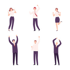 Successful business people standing with their hands raised set. Emotional male and female employees celebrating goal achievement flat vector illustration