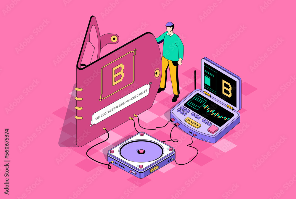 Aufkleber Bitcoin wallet concept in 3d isometric design. Man using secure electronic wallet for online transactions and earning cryptocurrency. Isometry illustration with people scene for web graphic