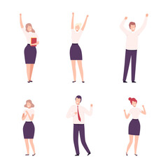 Successful business people celebrating goal achievement set flat vector illustration