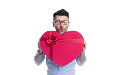 shocked man with love valentine present in studio. man with love valentine present