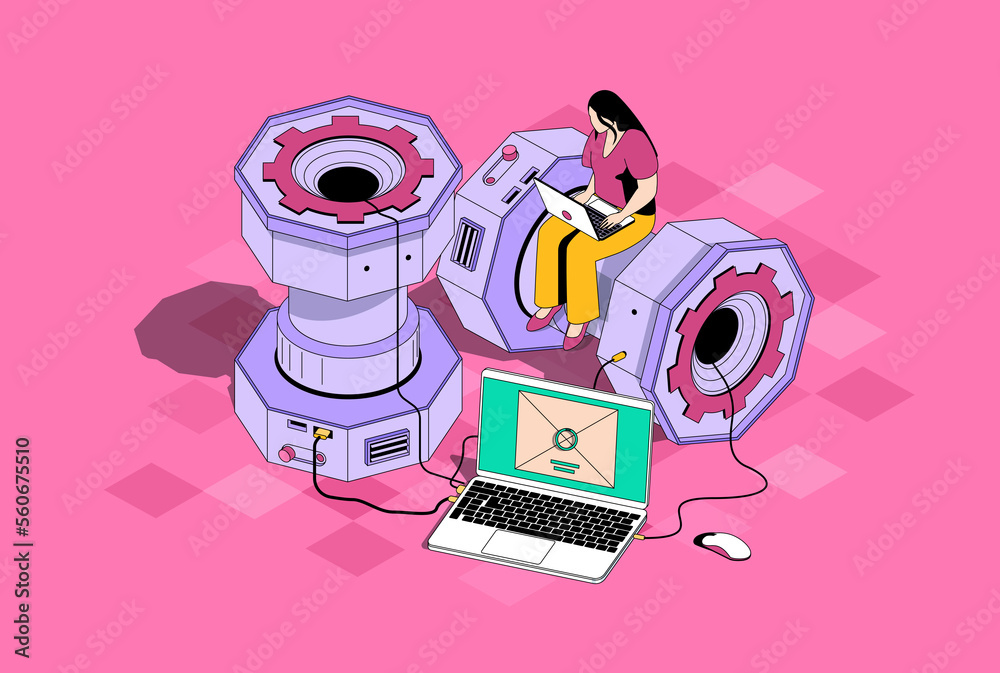 Aufkleber Development and engineering concept in 3d isometric design. Woman developing software and prototyping, working at technical projects. Isometry illustration with people scene for web graphic
