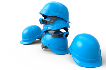 Stack of safety helmets or hard caps for carpentry work on white background