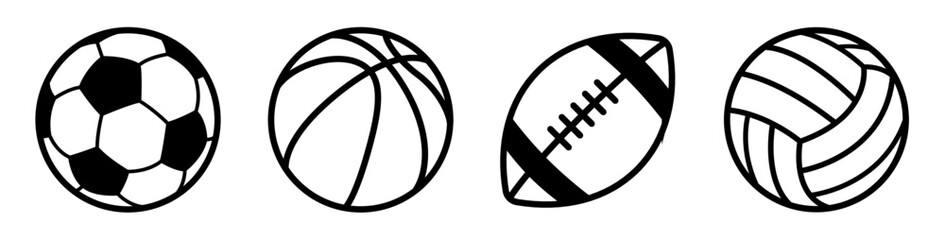 Ball icons set. Balls Football, Soccer, Basketball, Volleyball icon collection. Outline and filled vector style.